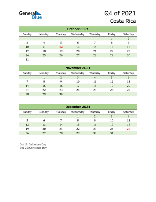  Quarterly Calendar 2021 with Costa Rica Holidays 