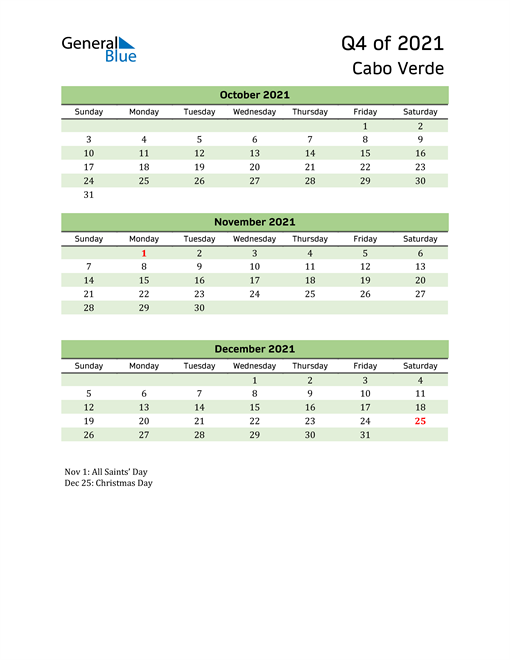  Quarterly Calendar 2021 with Cabo Verde Holidays 