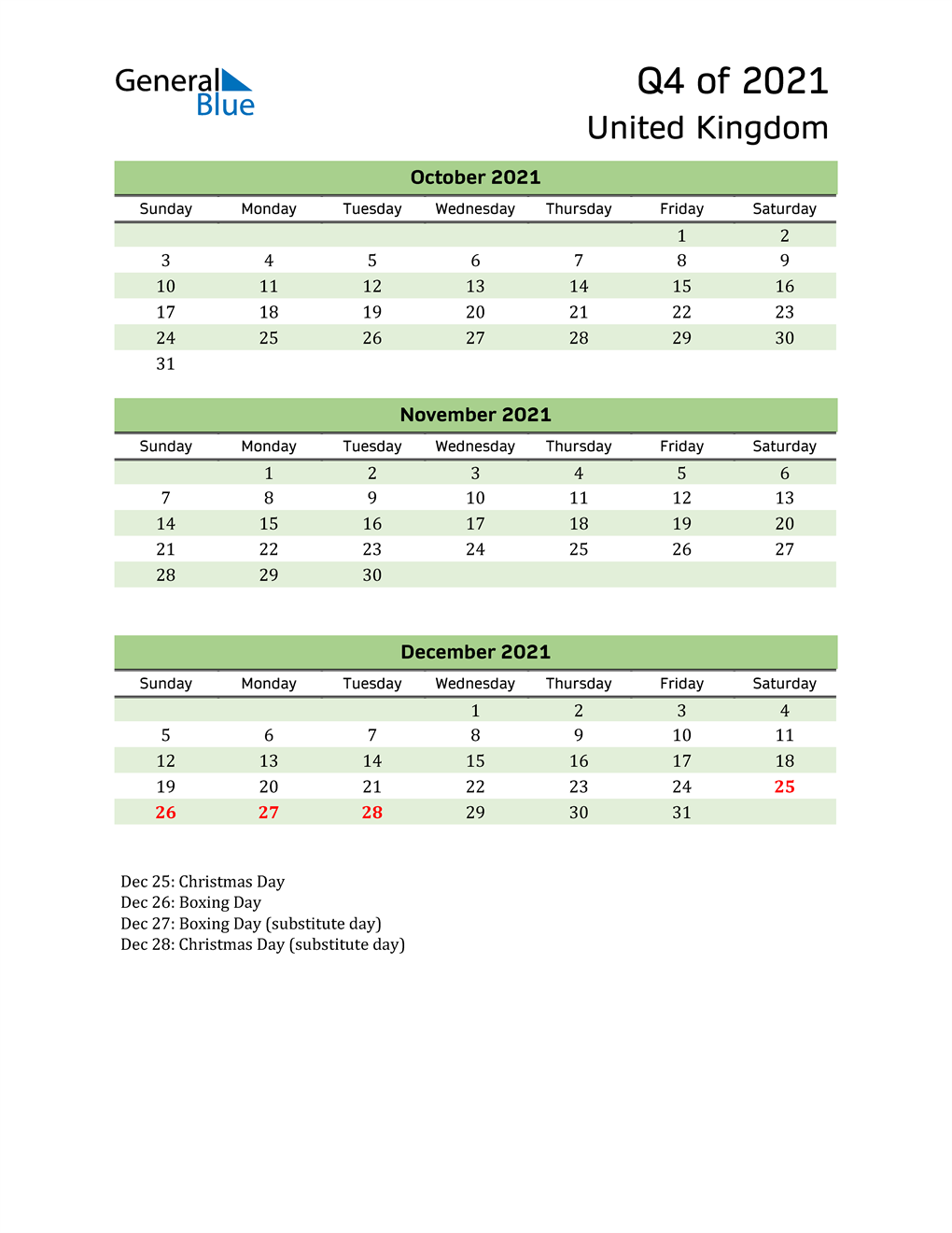  Quarterly Calendar 2021 with United Kingdom Holidays 