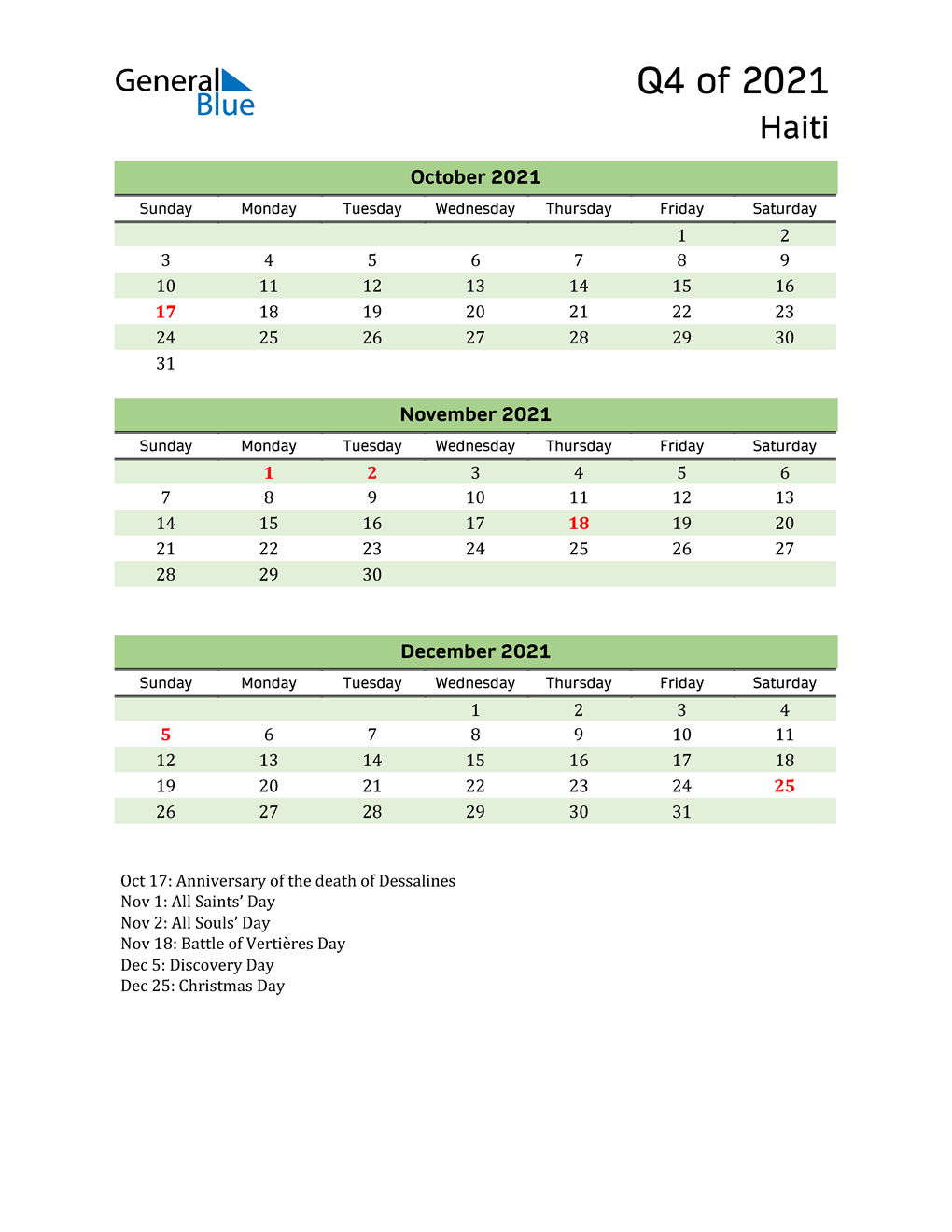  Quarterly Calendar 2021 with Haiti Holidays 