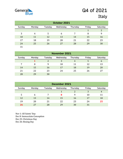  Quarterly Calendar 2021 with Italy Holidays 