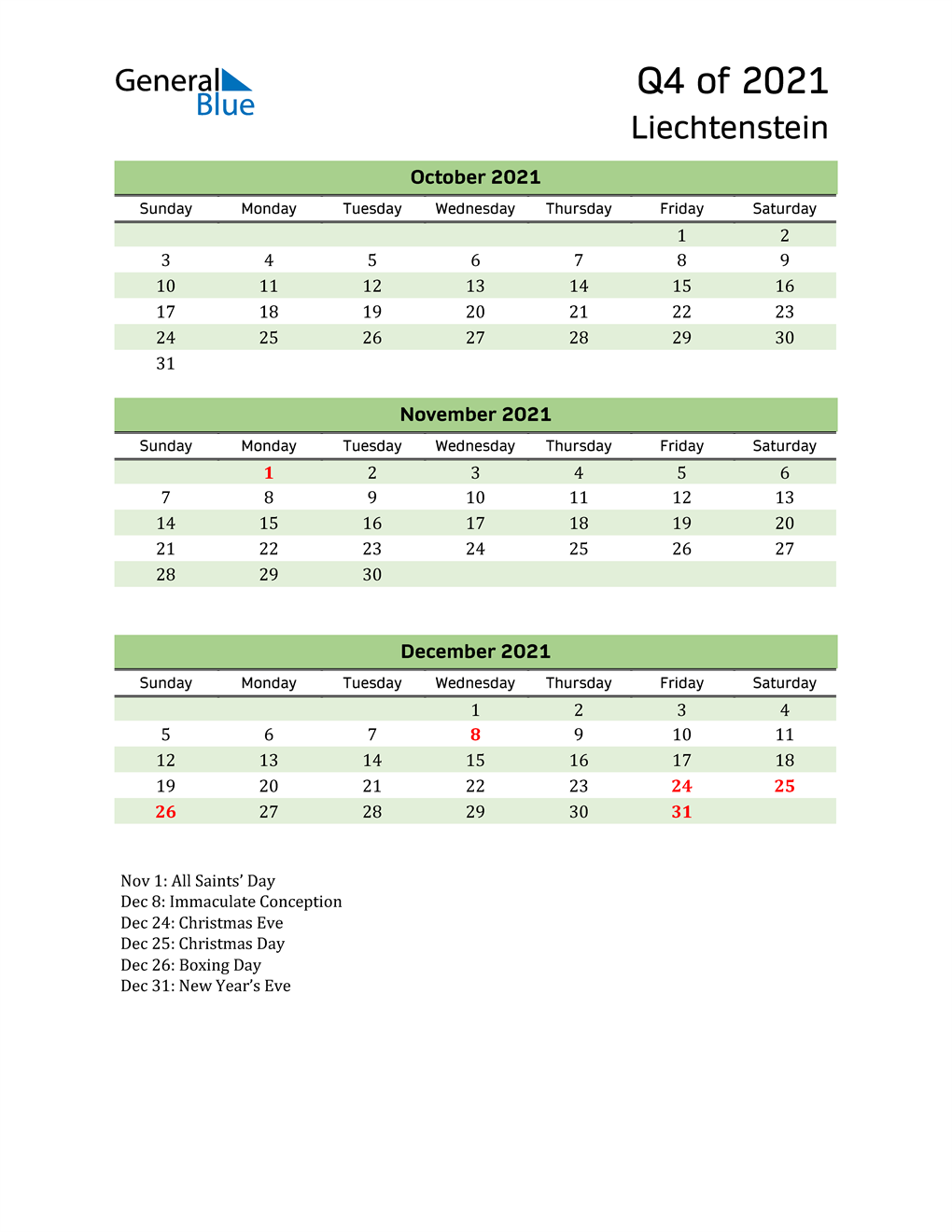  Quarterly Calendar 2021 with Liechtenstein Holidays 