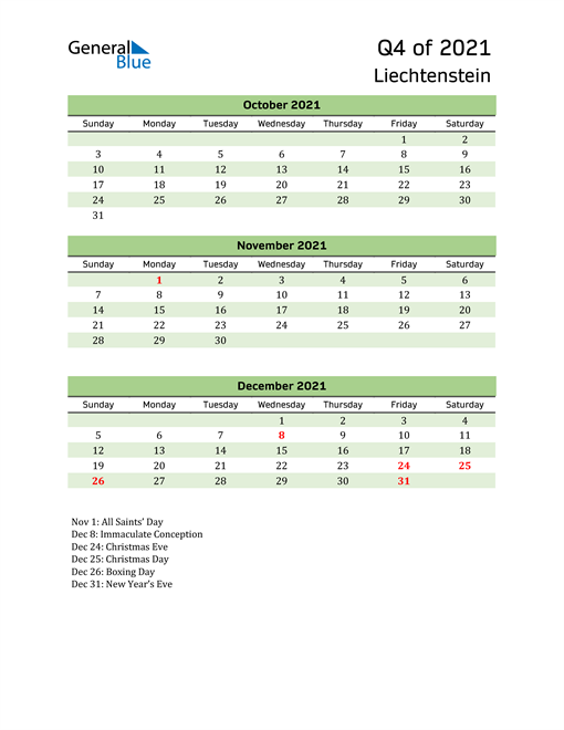  Quarterly Calendar 2021 with Liechtenstein Holidays 