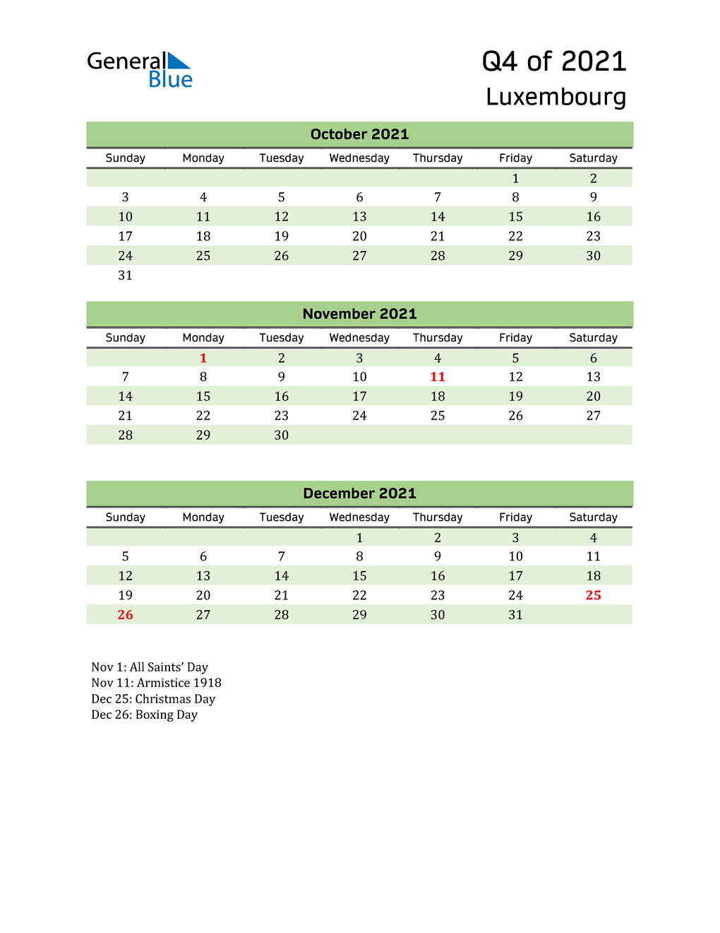  Quarterly Calendar 2021 with Luxembourg Holidays 