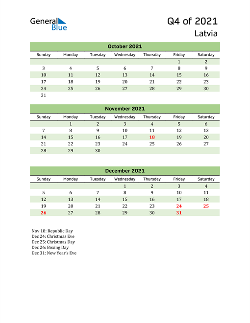  Quarterly Calendar 2021 with Latvia Holidays 