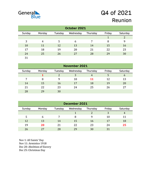  Quarterly Calendar 2021 with Reunion Holidays 