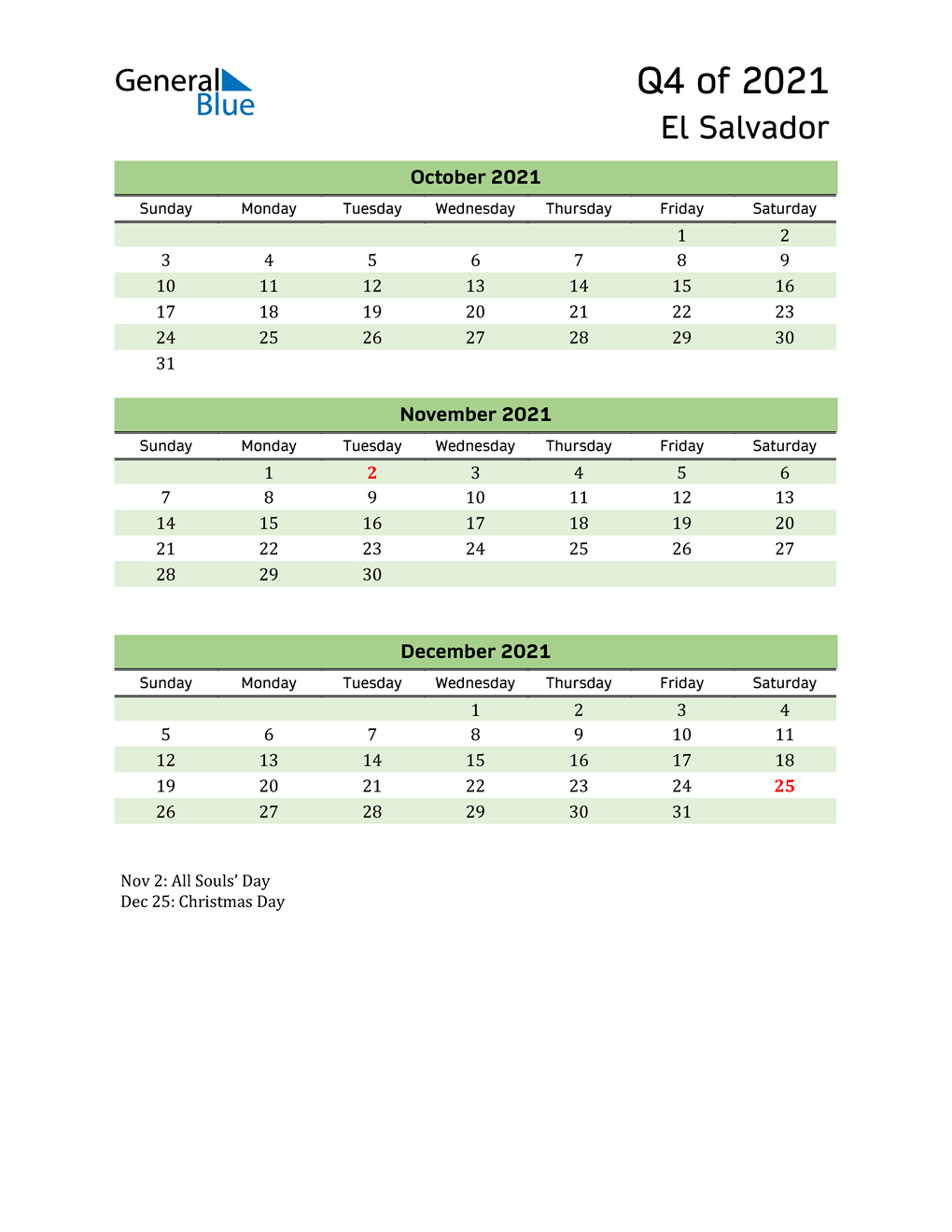  Quarterly Calendar 2021 with El Salvador Holidays 