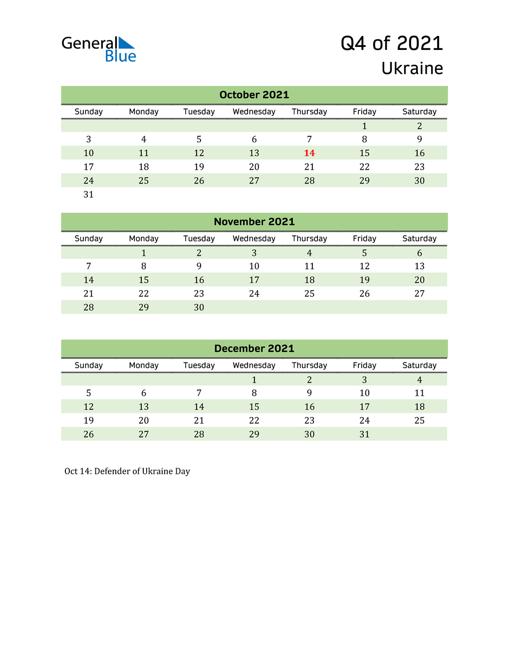  Quarterly Calendar 2021 with Ukraine Holidays 