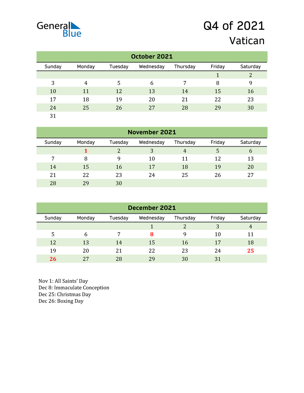  Quarterly Calendar 2021 with Vatican Holidays 