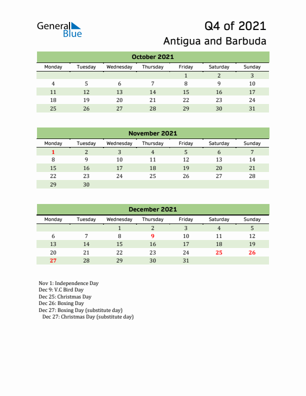 Quarterly Calendar 2021 with Antigua and Barbuda Holidays