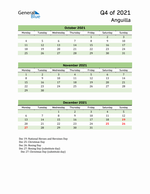 Quarterly Calendar 2021 with Anguilla Holidays