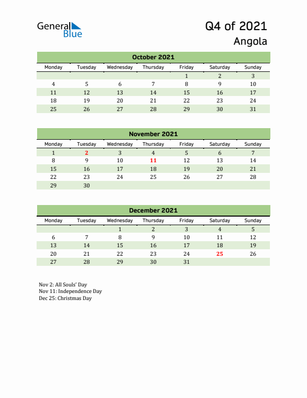 Quarterly Calendar 2021 with Angola Holidays