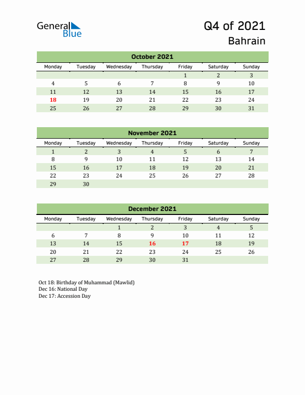 Quarterly Calendar 2021 with Bahrain Holidays