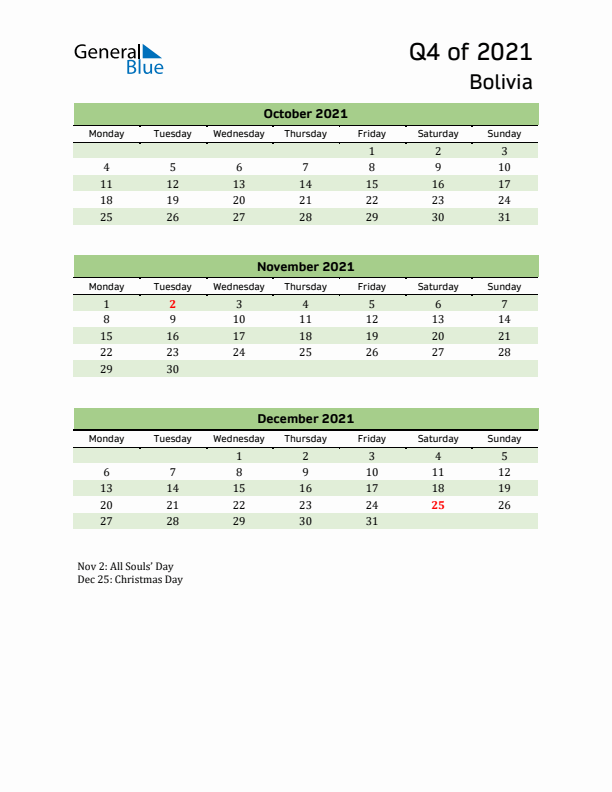 Quarterly Calendar 2021 with Bolivia Holidays