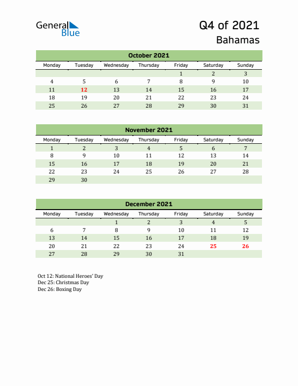 Quarterly Calendar 2021 with Bahamas Holidays