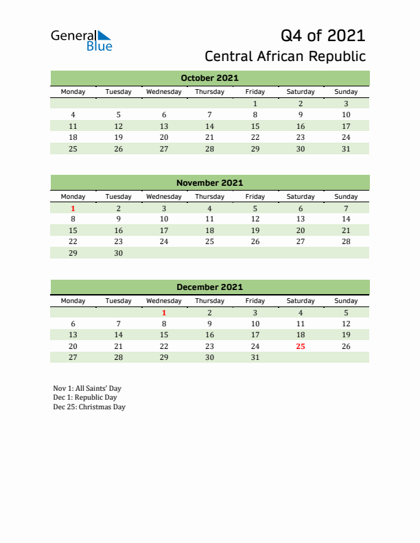 Quarterly Calendar 2021 with Central African Republic Holidays