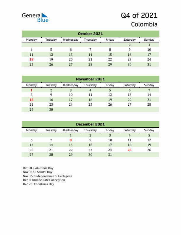 Quarterly Calendar 2021 with Colombia Holidays