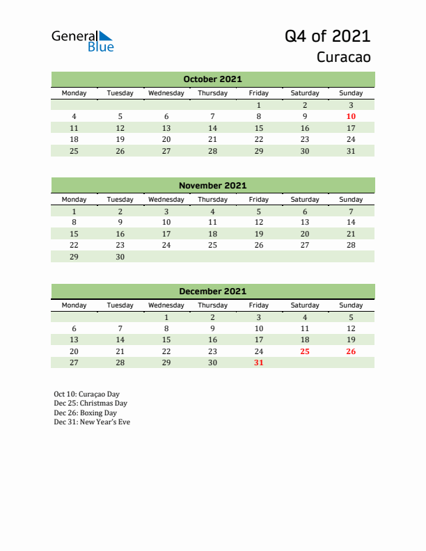 Quarterly Calendar 2021 with Curacao Holidays