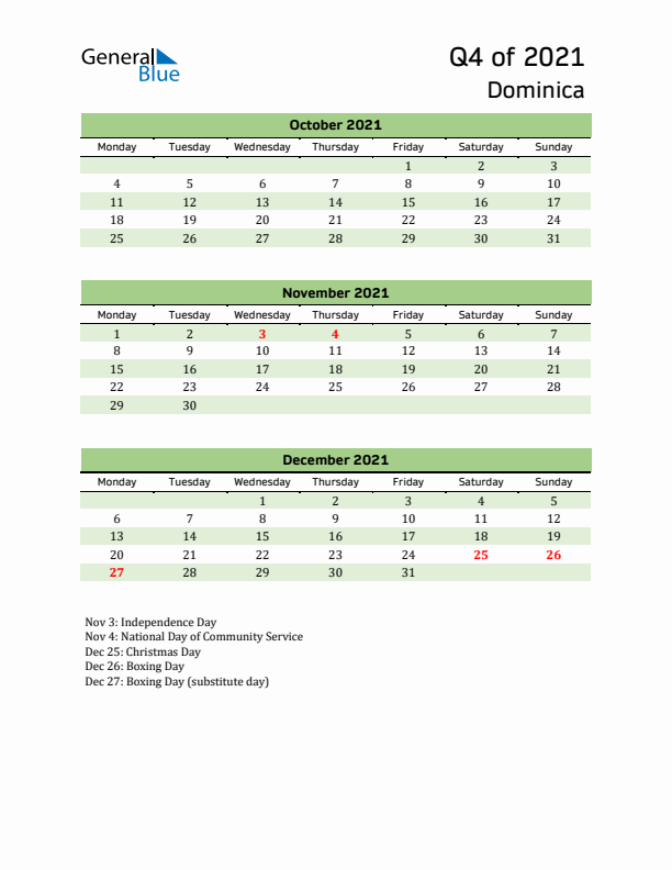 Quarterly Calendar 2021 with Dominica Holidays