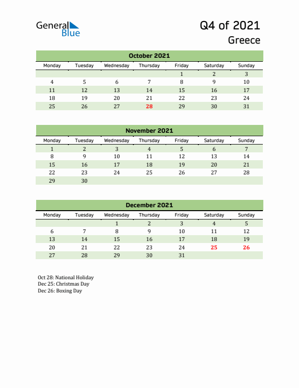 Quarterly Calendar 2021 with Greece Holidays