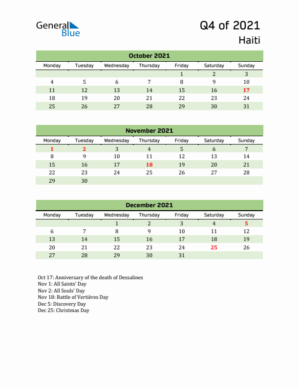 Quarterly Calendar 2021 with Haiti Holidays