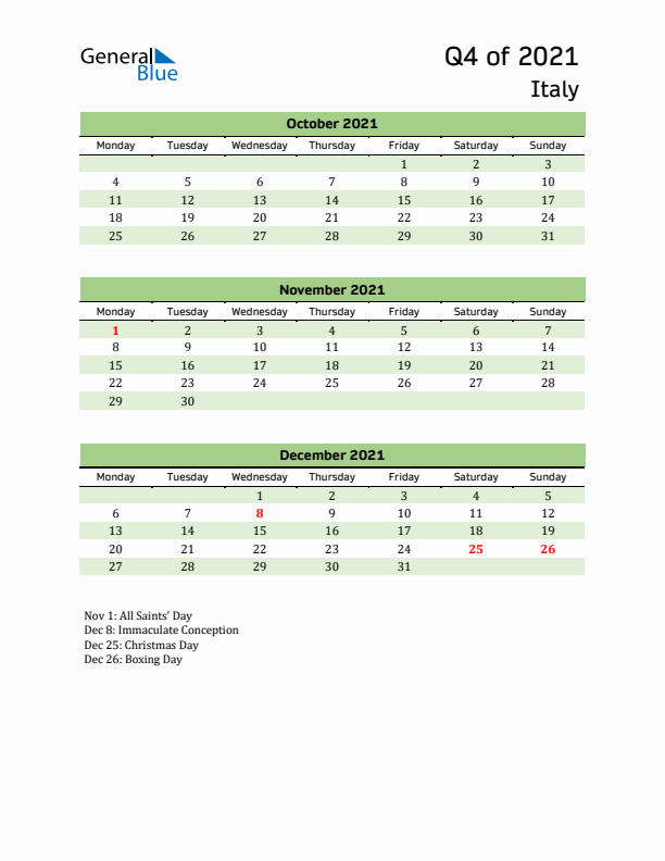 Quarterly Calendar 2021 with Italy Holidays