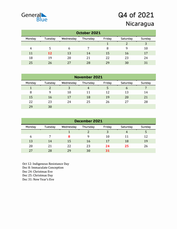 Quarterly Calendar 2021 with Nicaragua Holidays