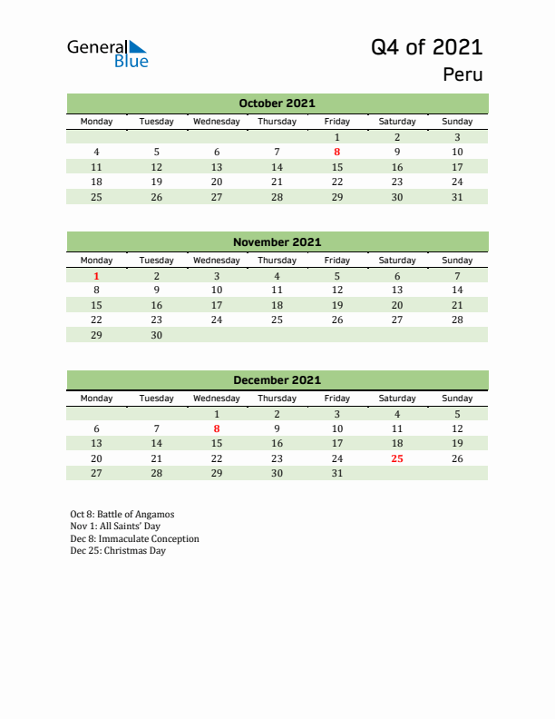 Quarterly Calendar 2021 with Peru Holidays