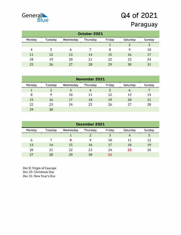 Quarterly Calendar 2021 with Paraguay Holidays