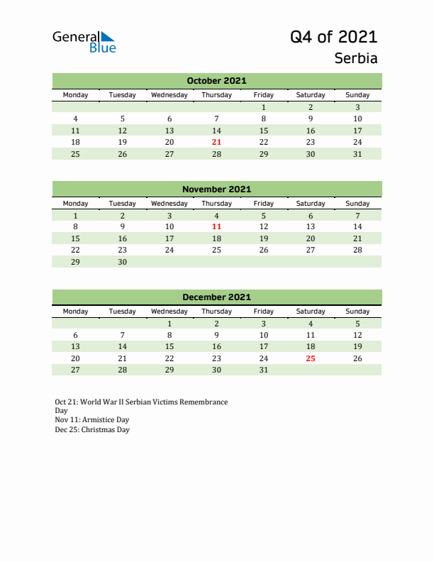 Quarterly Calendar 2021 with Serbia Holidays