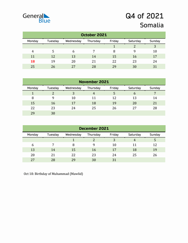 Quarterly Calendar 2021 with Somalia Holidays
