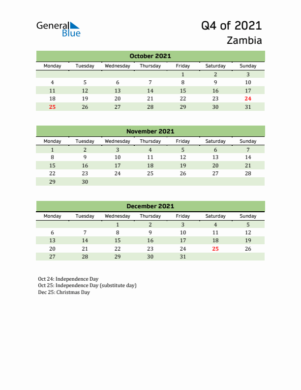 Quarterly Calendar 2021 with Zambia Holidays