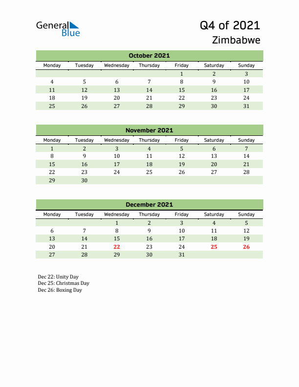 Quarterly Calendar 2021 with Zimbabwe Holidays