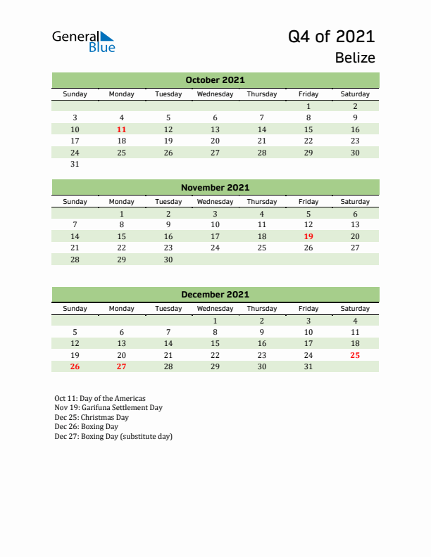 Quarterly Calendar 2021 with Belize Holidays