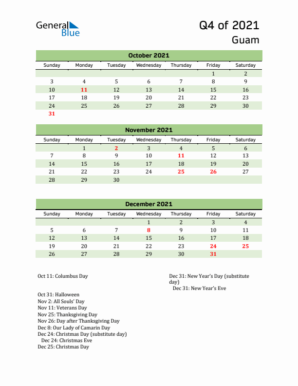 Quarterly Calendar 2021 with Guam Holidays