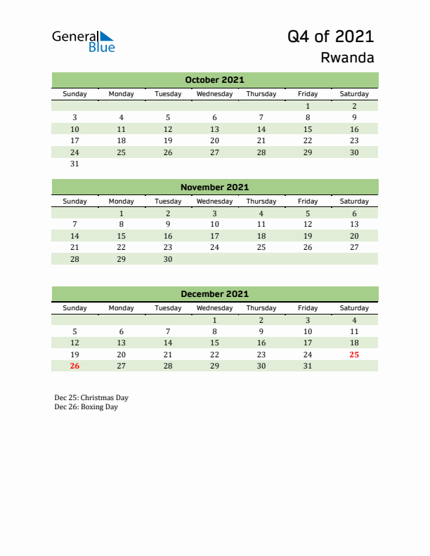 Quarterly Calendar 2021 with Rwanda Holidays