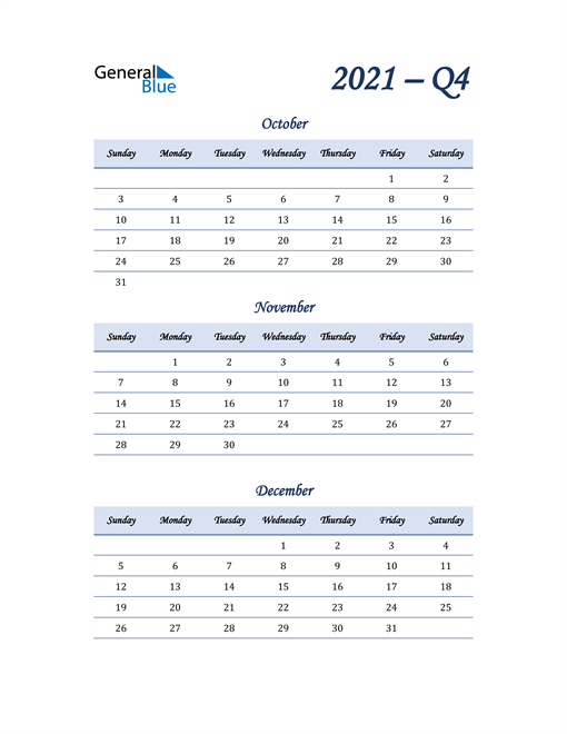 2021 Q4 Three Month Quarterly Calendar