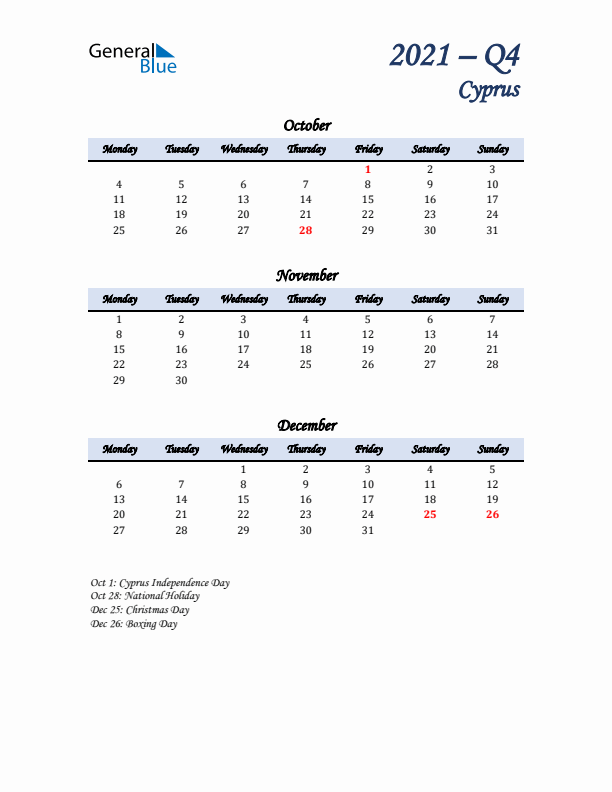 October, November, and December Calendar for Cyprus with Monday Start
