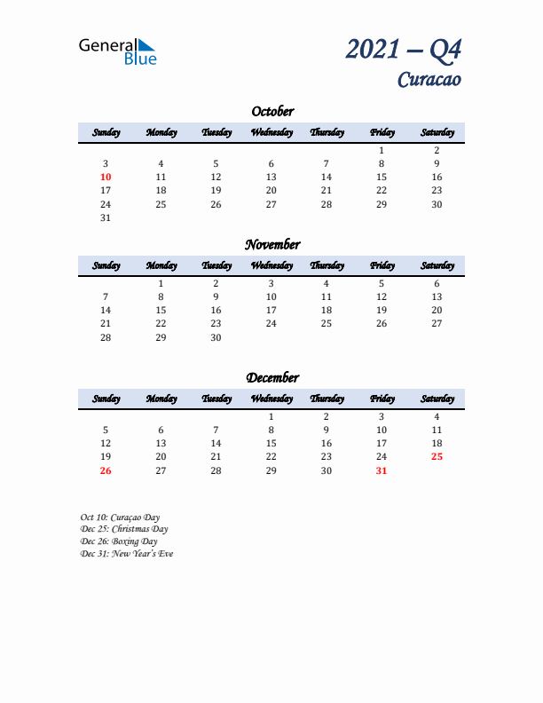 October, November, and December Calendar for Curacao with Sunday Start