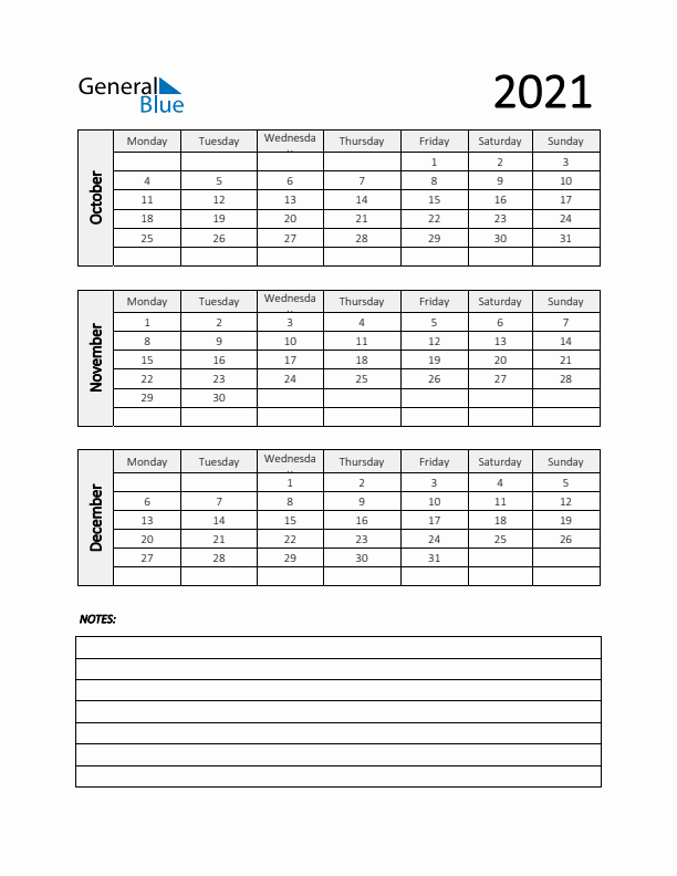 Q4 2021 Calendar with Notes