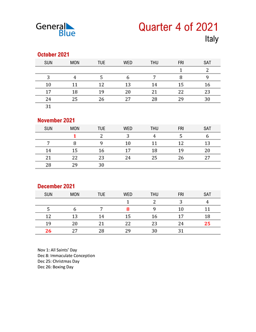  Printable Three Month Calendar for Italy