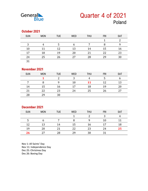 Printable Three Month Calendar for Poland