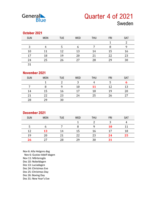  Printable Three Month Calendar for Sweden