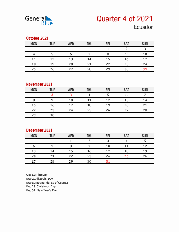 Printable Three Month Calendar with Ecuador Holidays