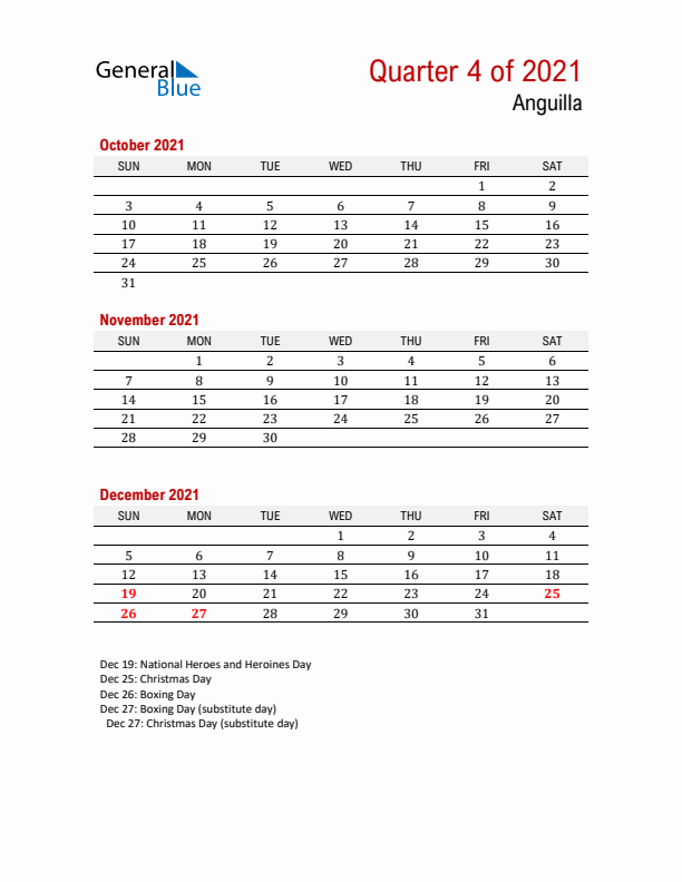 Printable Three Month Calendar with Anguilla Holidays
