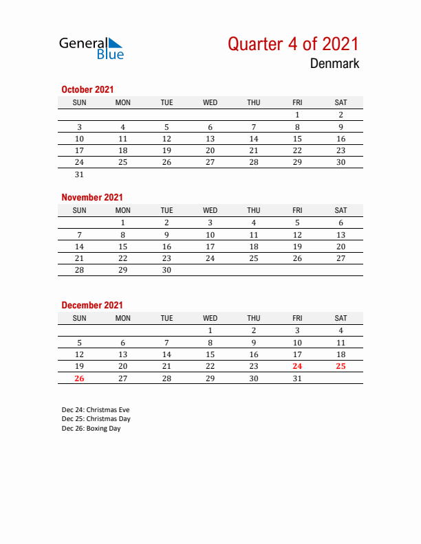 Printable Three Month Calendar with Denmark Holidays