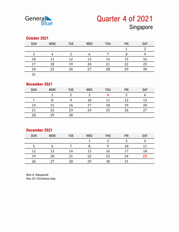 Printable Three Month Calendar with Singapore Holidays