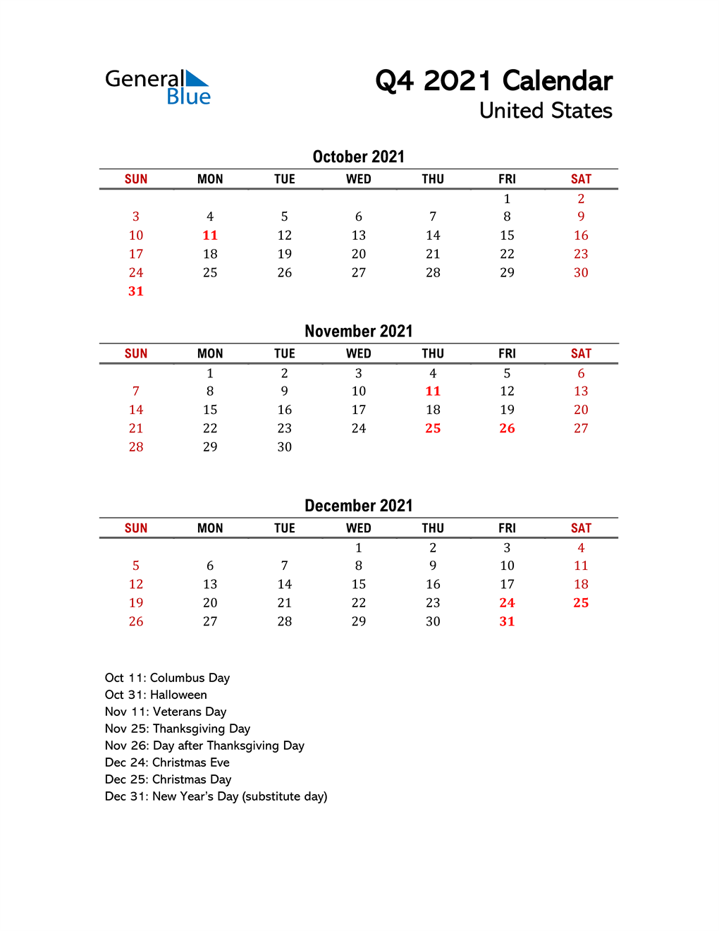  2021 Q4 Calendar with Holidays List