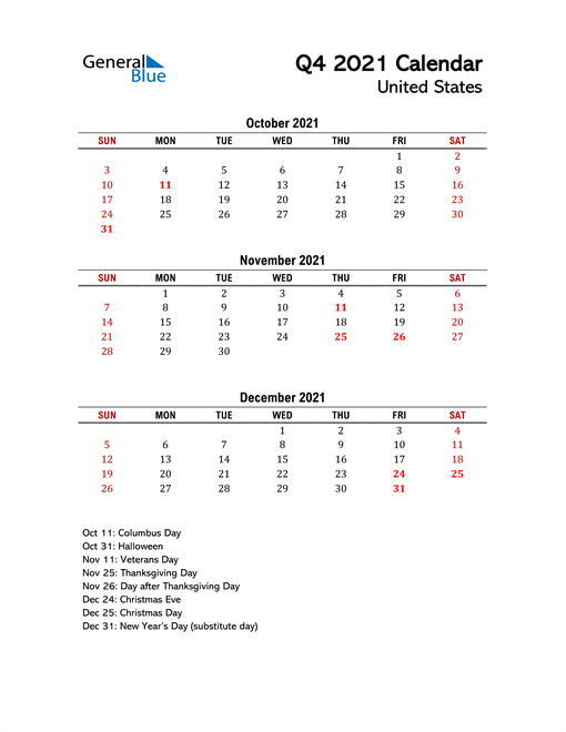  2021 Q4 Calendar with Holidays List