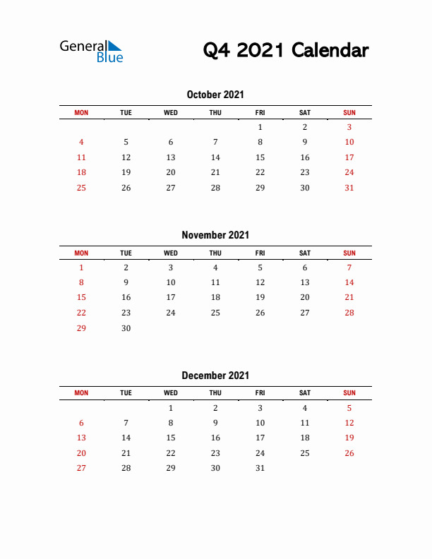 2021 Q4 Calendar with Red Weekend